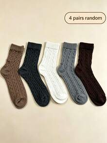 Japanese Style Textured Cable Knit Mid-Calf Socks, Soft Breathable Solid Color Vintage Casual Versatile Socks For Men - Multicolor - View 3