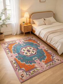 1pc Pink & Blue Persian Floral Velvet Rug, Center Persian Floral Pattern Rich & Full, Pink, Blue & Orange Borders Create Rich Vintage Layers. Square Shape Suitable For Living Room Sofa Area, Bedroom, Creating European Vintage Focal Point. - Pink - View 3