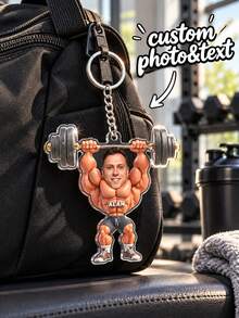 1pc Custom Photo & Text Weightlifter Acrylic Keychain – Personalized Bodybuilder/ Gym Buddy Keyring | Unique Gift For Fitness Lovers, Dad & Boyfriend | Cute Cartoon Barbell Keychain - Multicolor - View 8