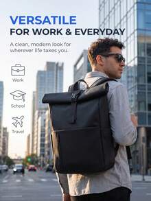 NEWHEY Men's Roll Top Backpack, Water Resistant Laptop Backpack, Large Capacity Casual Daypack For Business Commute Travel School - Black - View 4