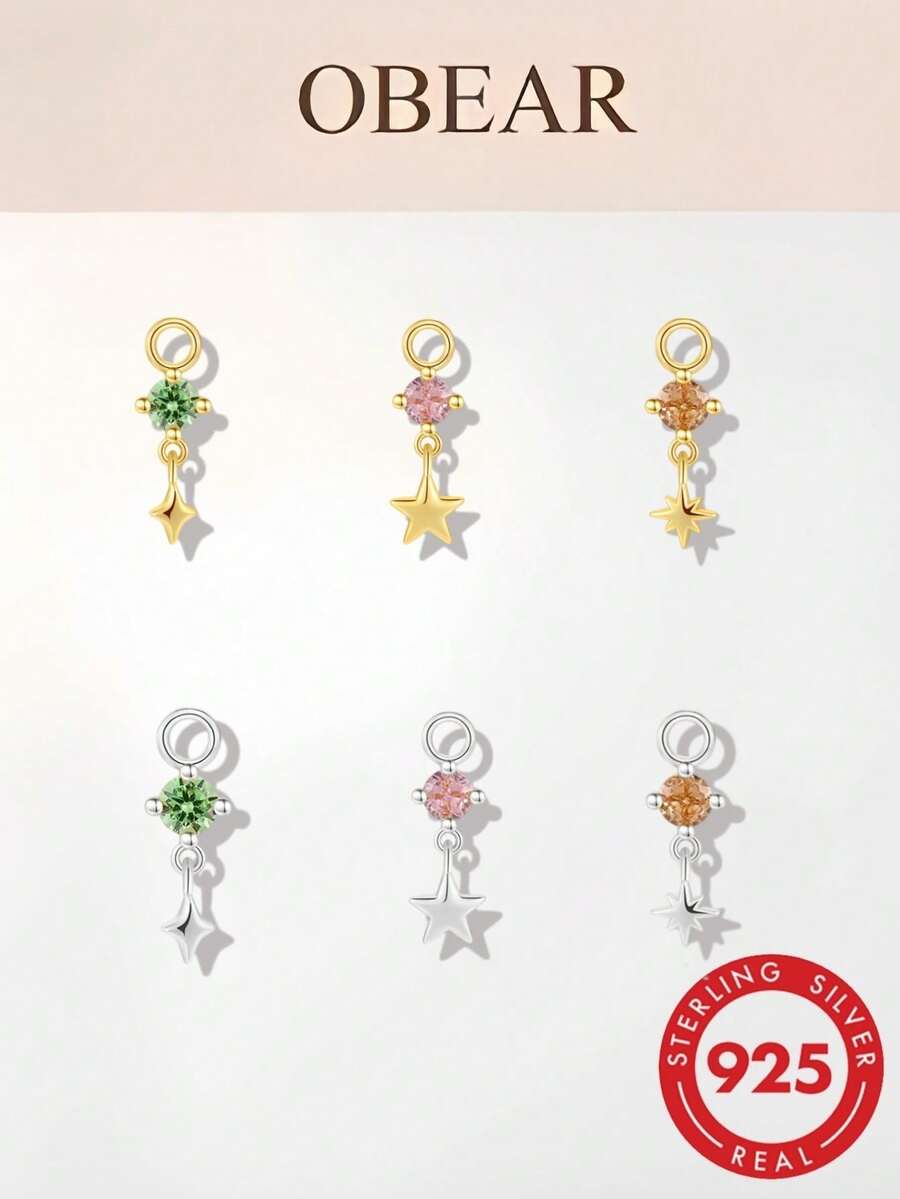 新款S925純銀彩色鋯石8角星吊墜穿孔耳環,個性化精緻飾品 - 銀色 - 查看 1