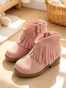 Kids Vintage Pink Fringe Ankle Boots, Suede Side Zip Booties With Chunky Heel, Sweet Autumn Winter Shoes - Pink - View 2