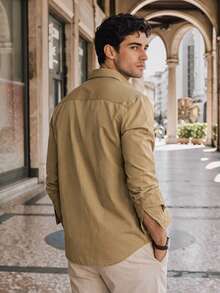 Khaki Color Men's Business Casual Long Sleeve Shirts, Solid Color Versatile Long Sleeve Tops, For Fall - Khaki - View 2