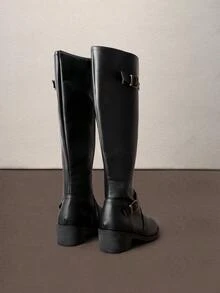 Hatastic 女士时尚舒适粗跟高膝马靴，内侧带拉链，尖头，搭配牛仔裤 - 黑色 - 查看 3