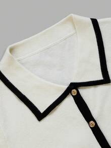 DONICY Women's Elegant Fall Contrast Collar Knit Sweater, Gold Button Trim Short Slim Long Sleeve Top - Apricot - View 4