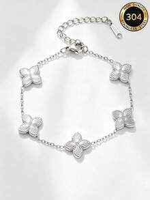 4/1pc Gothic Stainless Steel Silver Laser Four-Leaf Clover Jewelry Set, Women's Luxury Necklace, Bracelet, Earrings 3 Pieces Set, Waterproof, Fade-Resistant, Layerable, Daily Commute, Gift Accessory - Silver - View 9