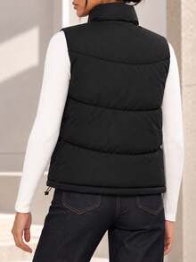 Women Black Puffer Vest Quilted Padded Sleeveless Jacket Stand Collar Snap Button Front Side Pockets Casual Winter Gilet - Black - View 6