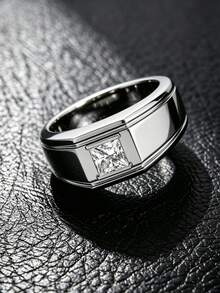 1pc 3ct S925 Sterling Silver Princess Cut Moissanite Men's Ring, Wide Polished Band With Single Stamp - Style A-white - View 4