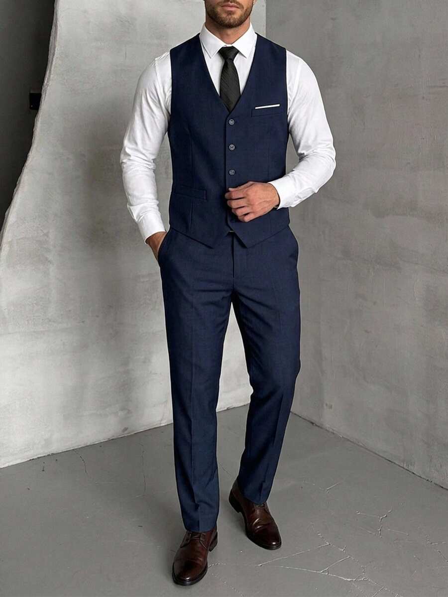 DAZY Men's 3 PiecesSuit Set, Elegant Solid Color Slim Fit Gentleman Vest, Pants And Tie Set, Business Commute, Wedding, Party, Ball - Navy Blue - View 1