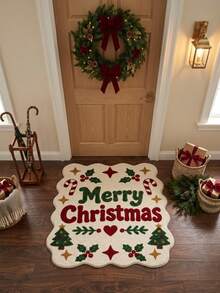 1PC Rice Bottom Wavy Edge Text Christmas Element Pattern Decorative Rug, American Retro Cozy Fun Faux Cashmere Wavy Asymmetrical Machine Washable Carpet, Suitable For Christmas/Entryway Bathroom Kitchen Bedside Blanket/Winter Holiday Atmosphere Mat, Aesthetic Home Decor - Multicolor - View 4