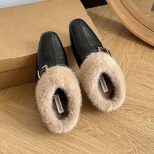Vintage Square Toe Plush Women's Shoes With Thick Fleece Lining, Buckle Decor, Comfortable Flat Sole Warm Shoes - Black - View 10