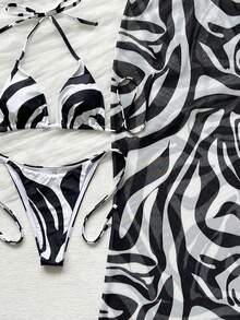 Women's Fashionable Elegant Colorblock Striped Swimsuit Set, Suitable For Summer, Perfect For Spring/Summer Beach Vacation, Seaside Activities And Holiday Outfits - Multicolor - View 4