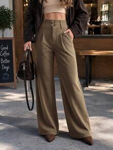 UREREM Women's Vintage Brown Button Cargo Pants, Woven Fabric, Long Wide Leg, Autumn Outfit, 300g - Brown - View 1