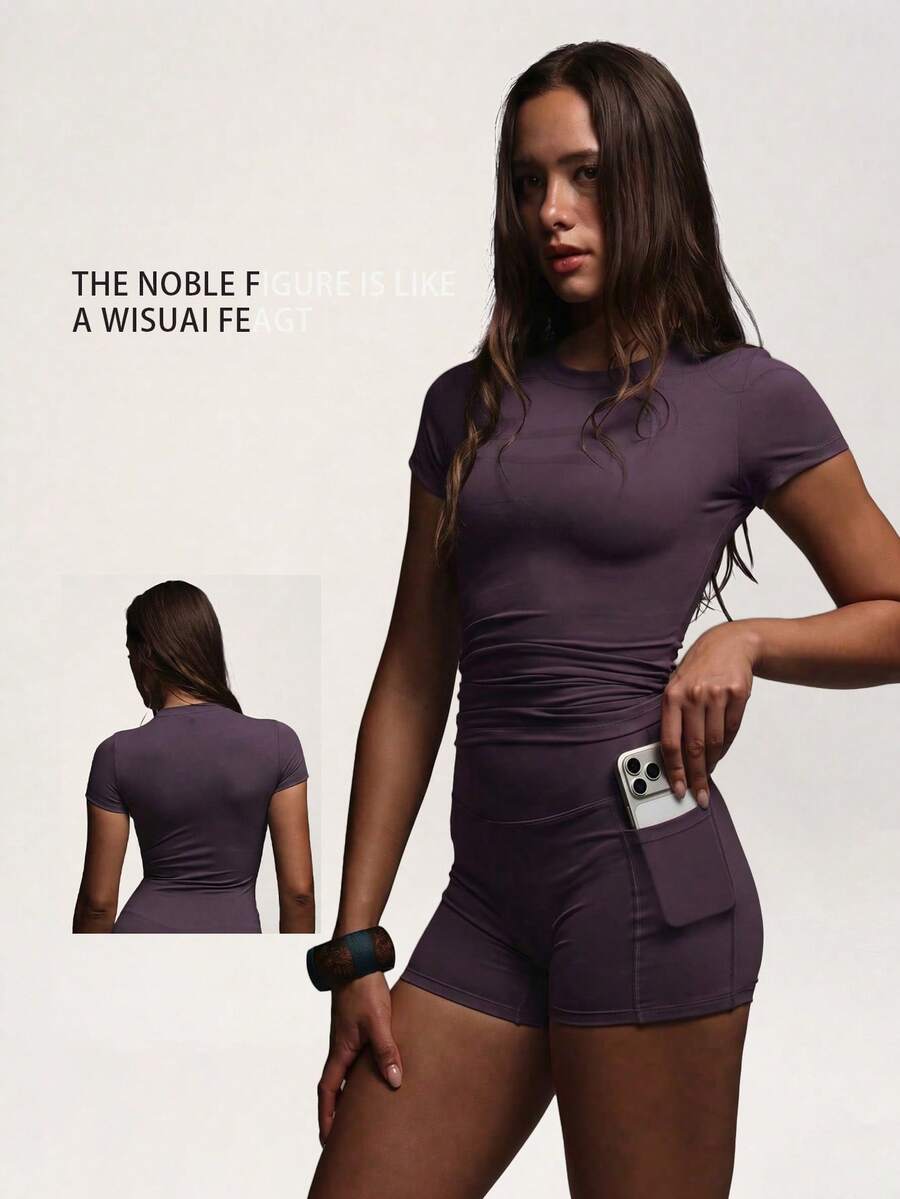 PinkTip Summer Basic Fitness Set, High Waist Summer Clothing Casual And Holiday Essential, Summer Purple Short Sleeve And Purple Shorts Set Sports - Purple - View 1