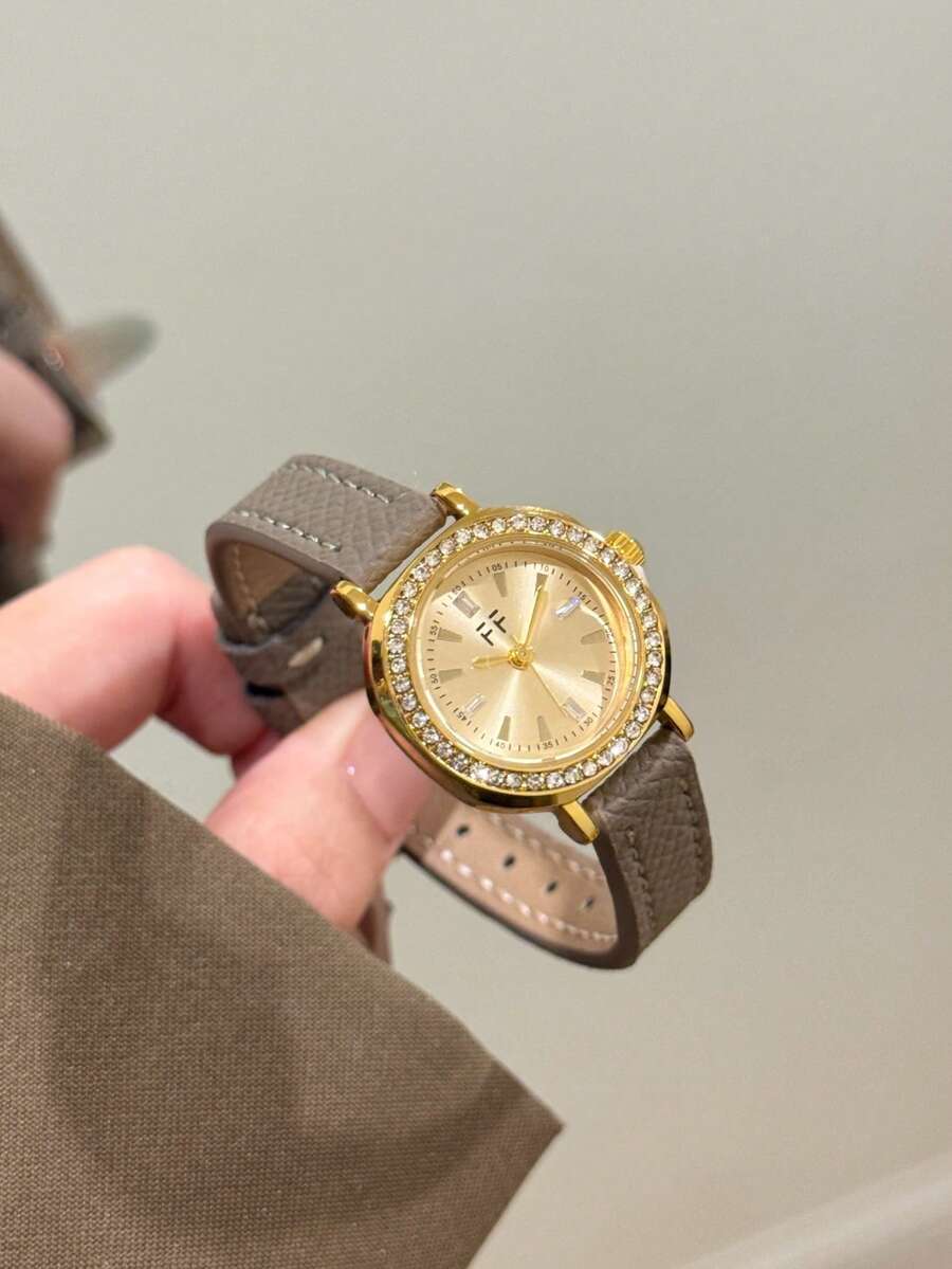1件優雅精緻女款手錶,灰色,金色圓盤面配水鑽時標,適合日常配戴與派對場合 - 灰色 - 查看 1