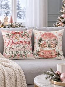 shangxia 4PCS--Pink Crystal Ball Christmas Print Pillow Covers, Bow Bell Small Town Snow Scene Text Sofa Cushion Covers---(Pillow Insert Not Included) - Pink - View 8
