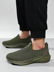Men's Breathable Hollow Knit Sock Shoes, Lightweight Shock-Absorbing Thick Sole Slip-On Walking Sports Shoes, Suitable For Daily Commute - Army Green - View 4