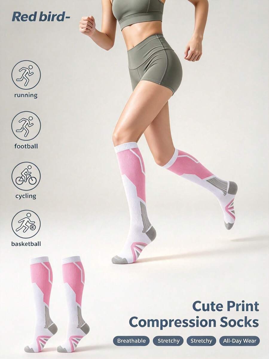 Women's Knee-High Compression Socks, Fun Back-To-School Season Socks, Graduated Compression Anti-Slip Breathable, Suitable For Running, Travel, Hiking, Daily Wear - Coral Pink - View 1