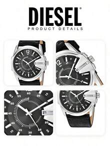 Diesel Men's Mega Chief Watch Silver-Tone Steel Case Black Leather Strap Analog Display Quartz Movement Date Function Industrial Design 100M - Black - View 6