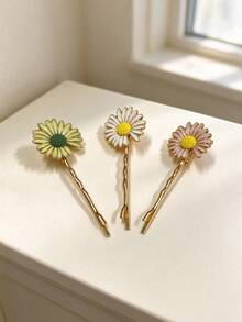 1pc Vintage Daisy Floral Barrette, Flower Edge Hair Clip, Daily Wear Decorative Hair Accessory, Christmas Gift - Multicolor - View 1