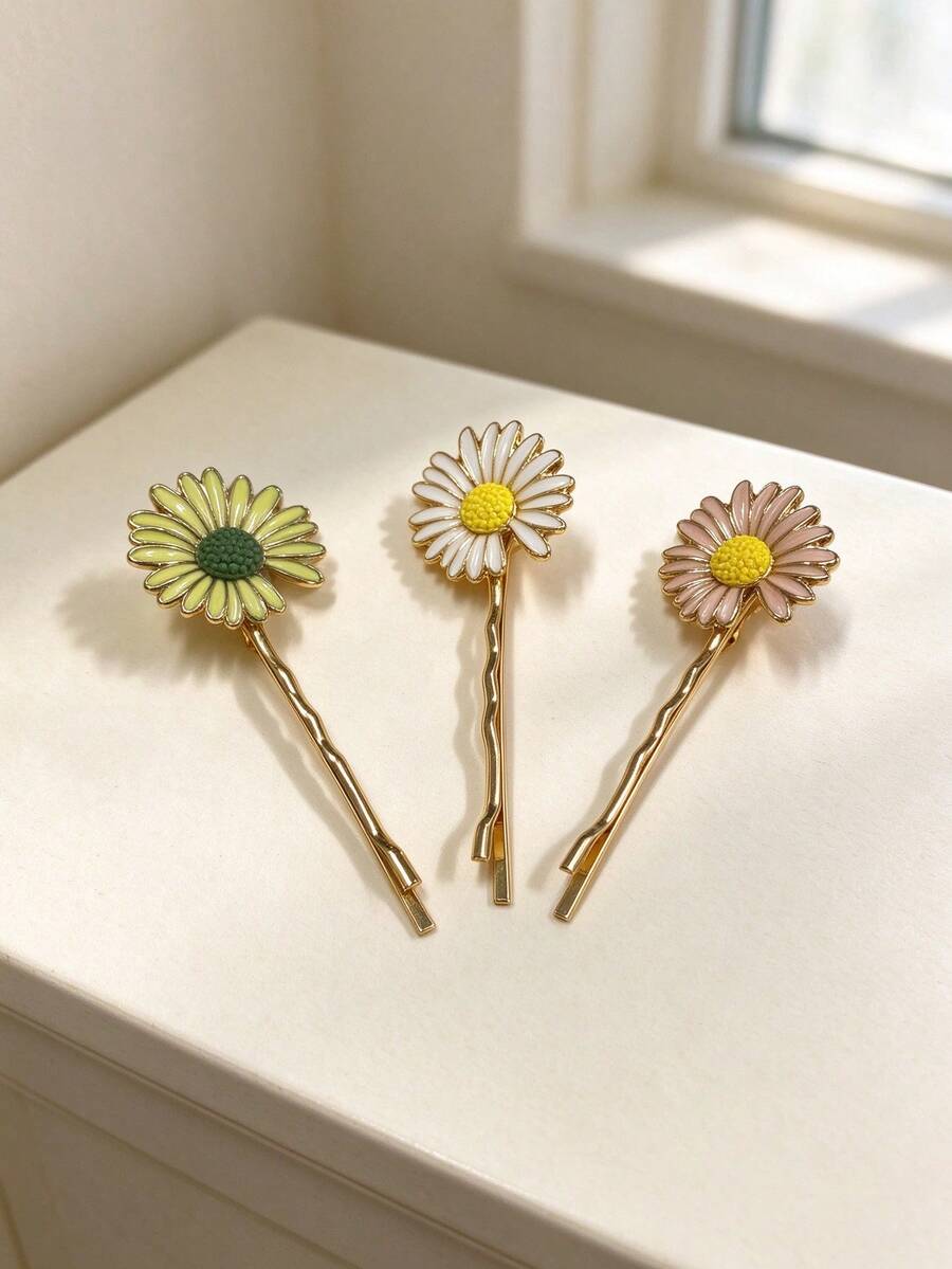 1pc Vintage Daisy Floral Barrette, Flower Edge Hair Clip, Daily Wear Decorative Hair Accessory, Christmas Gift - Multicolor - View 1