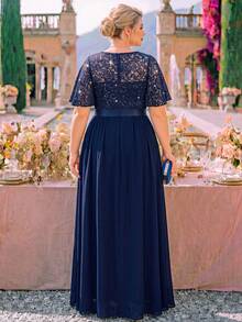 Plus Sequin Floral Lace Butterfly Sleeve Chiffon Pleated Hem Evening Party Long Dress, Wedding Guest Dress, For Birthday, Prom, Dinner, Festivals - Navy Blue - View 2