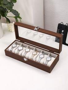 New Walnut Wooden Watch Display Storage Box, Multiple Styles Available: 3/5/6/10/12 Slots, Glass Lid With Window, Large Capacity Watch Collection Box, Home Office Display Case, Holiday Gift - Brown - View 12