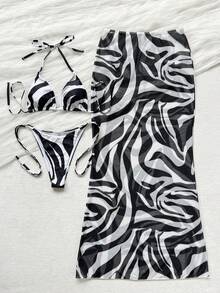 Women's Fashionable Elegant Colorblock Striped Swimsuit Set, Suitable For Summer, Perfect For Spring/Summer Beach Vacation, Seaside Activities And Holiday Outfits - Multicolor - View 3