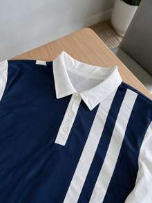Men's Navy & White Contrast Vertical Striped Long Sleeve Polo Shirt, Old Money Style Casual Collared Top - Multicolor - View 5