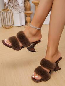 Vintage Square Toe Double Strap Fur High Heel Slide Sandals For Women, Asymmetric Geometric Chunky Heel Outdoor Wear Slip-On Slippers - Brown - View 2