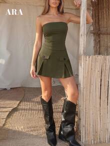 ARA CHIC Olive Green Strapless Pleated Mini Dress Women Bodycon Tube Top Button Detail Fall Winter Party Club Y2K Baddie Going Out Chic Short Dress - Olive Green - View 1