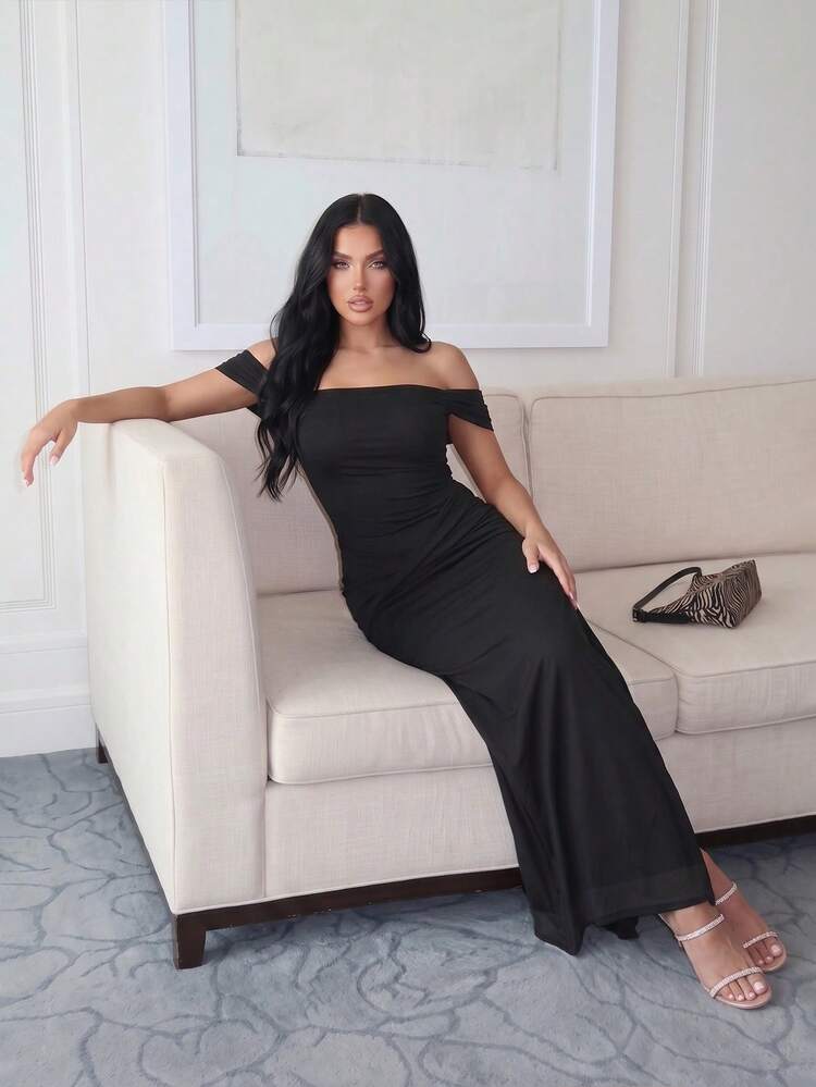 黑色露肩正式長洋裝，收腰側開衩修身晚禮服，適合女性婚禮賓客、雞尾酒會 - 黑色 - 查看 6
