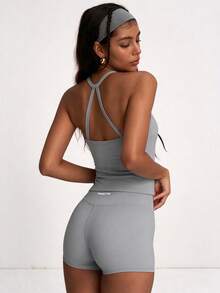 PinkTip Fashionable Versatile Backless Elastic Tank Top & High-Waisted Tight Running Fitness Yoga Outdoor Sports Set - Grey - View 4
