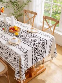 MineLain 1pc Minimalist Black & White Geometric Tablecloth, Rectangular Table Runner, Beige Tassel Decor, Coffee Table, Bedside Table, Sideboard, Small Table Cover, Tabletop Decor, Home Decor, Suitable For Kitchen, Dining Room, Living Room, Dinner, Party, Picnic, Outdoor, Holiday Decor, All Seasons - Black and White - View 7