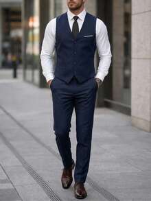 DAZY Men's 3 PiecesSuit Set, Elegant Solid Color Slim Fit Gentleman Vest, Pants And Tie Set, Business Commute, Wedding, Party, Ball - Navy Blue - View 6