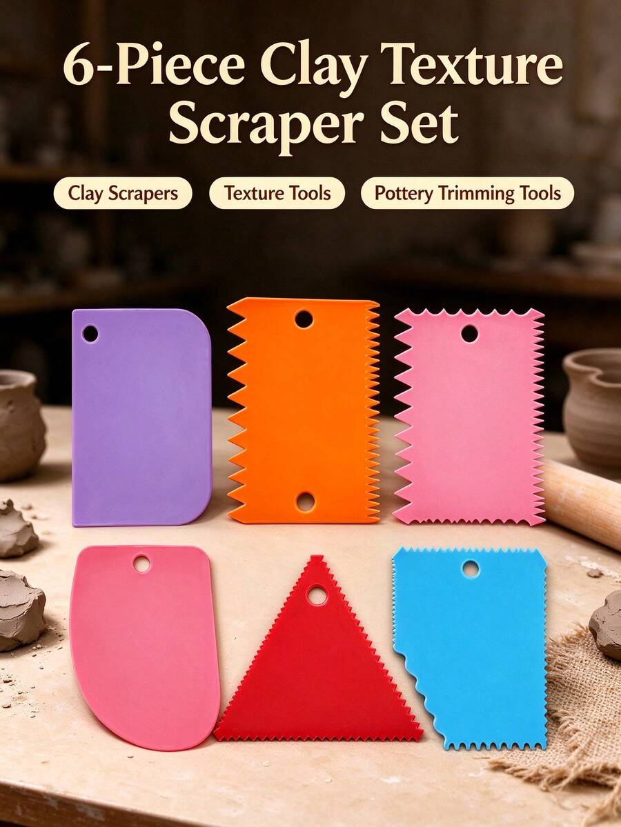 Clay Texture Scraper, Professional Clay Shaping Tool. Plastic 6-Piece Set In 6 Colors. Suitable For Clay Shaping, Clay Texture Smoothing, Plaster Mold Refinement, DIY Handicraft Production And Artistic Creation. - Multicolor - View 1