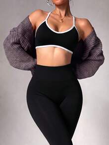 Conjunto deportivo de mujer con top de yoga sin costuras ajustado y leggings de cintura alta ajustados - Negro - Ver 4