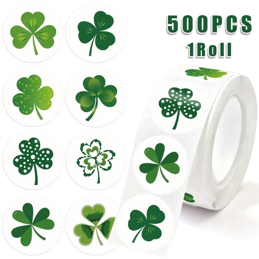 500pcs/Roll Lucky Clover Self-Adhesive Stickers, 8 Pattern Designs, St ...
