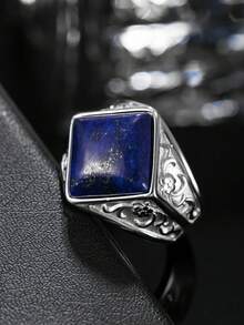 Lapis Lazuli Ring Men's Natural Stone Jewelry Stainless Steel Casting Process Vintage Style Accessory Wear-Resistant Non-Fading - Silver - View 2