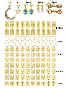 118pcs Gold Star & Moon Hair Accessories Set, Vintage Blue Rhinestone & Pearl Hair Rings, Dreadlock Hair Clips, European & American Hip Hop Braided Hair Ornaments - Multicolor - View 7