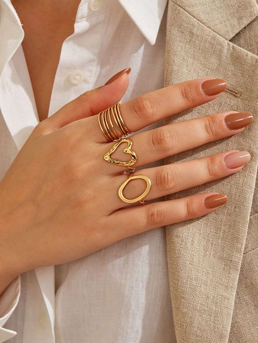 3pcs Stainless Steel Gold Color Personalized Elegant Minimalist Elegant Geometric Oval Line Heart Ring Set Suitable For Women Daily Wear, Festivals And Parties - Multicolor - View 1