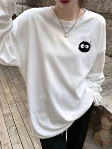 Japanese Style Cute Black Coal Ball Pattern Print White Round Neck Long Sleeve Slim Fit Base Layer Top For Women, Versatile Daily Autumn Wear - White - View 1