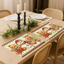 4 Pcs Christmas Gingerbread Man Snowman Placemats Gift Box Snowflake Stripe Border Heat Resistant Table Mats Farmhouse Xmas Dining Table Decor - Red and White - View 3