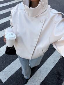 DEEKA 春/秋新款女款寬鬆大碼歐美風時尚極簡百搭人造皮革夾克 - 米白色 - 查看 4