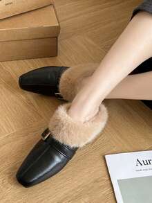 Vintage Square Toe Plush Women's Shoes With Thick Fleece Lining, Buckle Decor, Comfortable Flat Sole Warm Shoes - Black - View 1