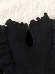 1pc Baby Girl Cute Elegant Ribbed & Printed Fabric Long Sleeve Dress, Thin For Spring/Autumn Party - Black - View 6
