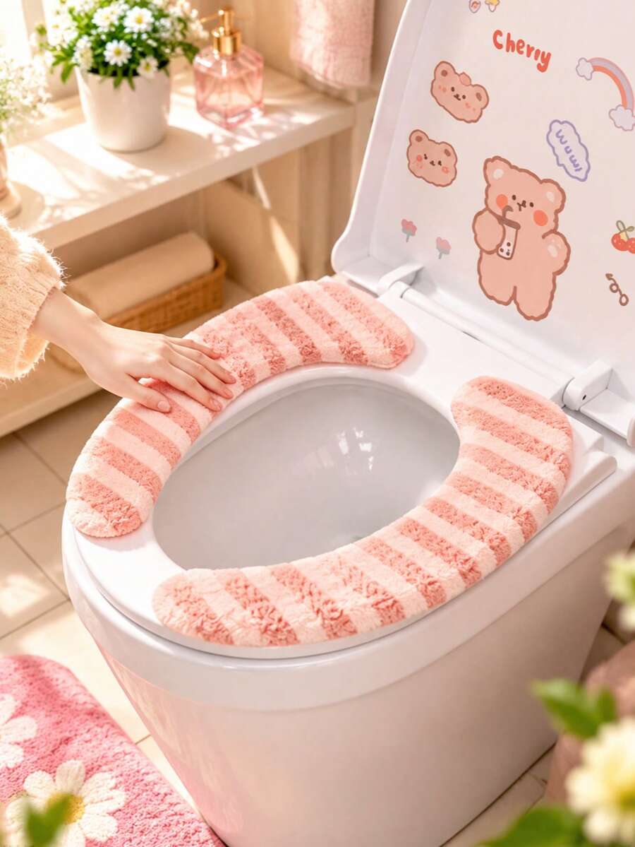 Portable Universal Self-Adhesive Toilet Seat Cushion, Soft Washable Thick Striped Plush Fabric Seat Pad, Soft And Warm, Suitable For Autumn/Winter Use, Bathroom Accessory For Home, Hotel And Public Restrooms - Multicolor - View 1