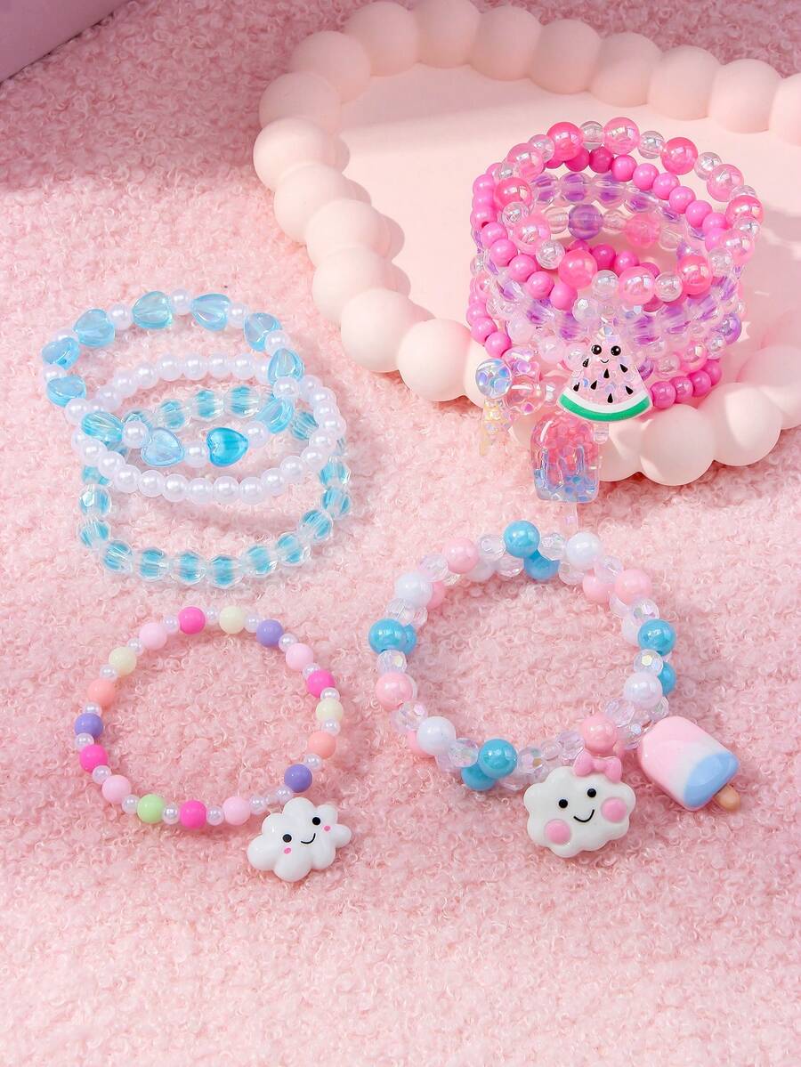 12Pcs Kids Beaded Bracelet Set With Ice Cream & Cloud Charms, Random Color, Cute Jewelry For Girls, Daily Wear, Holiday Party Favors & Birthday Gifts