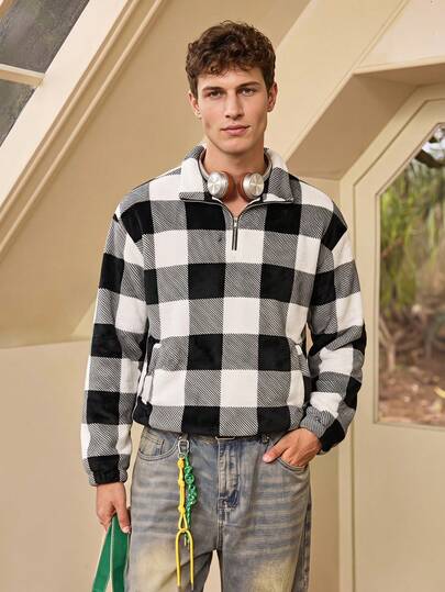 Whitmere Men's New Fashion Outdoor Black & White Plaid Fleece Half-Zip Stand Collar Sweatshirt, Casual Pullover Jacket Winter/Fall/Autumn