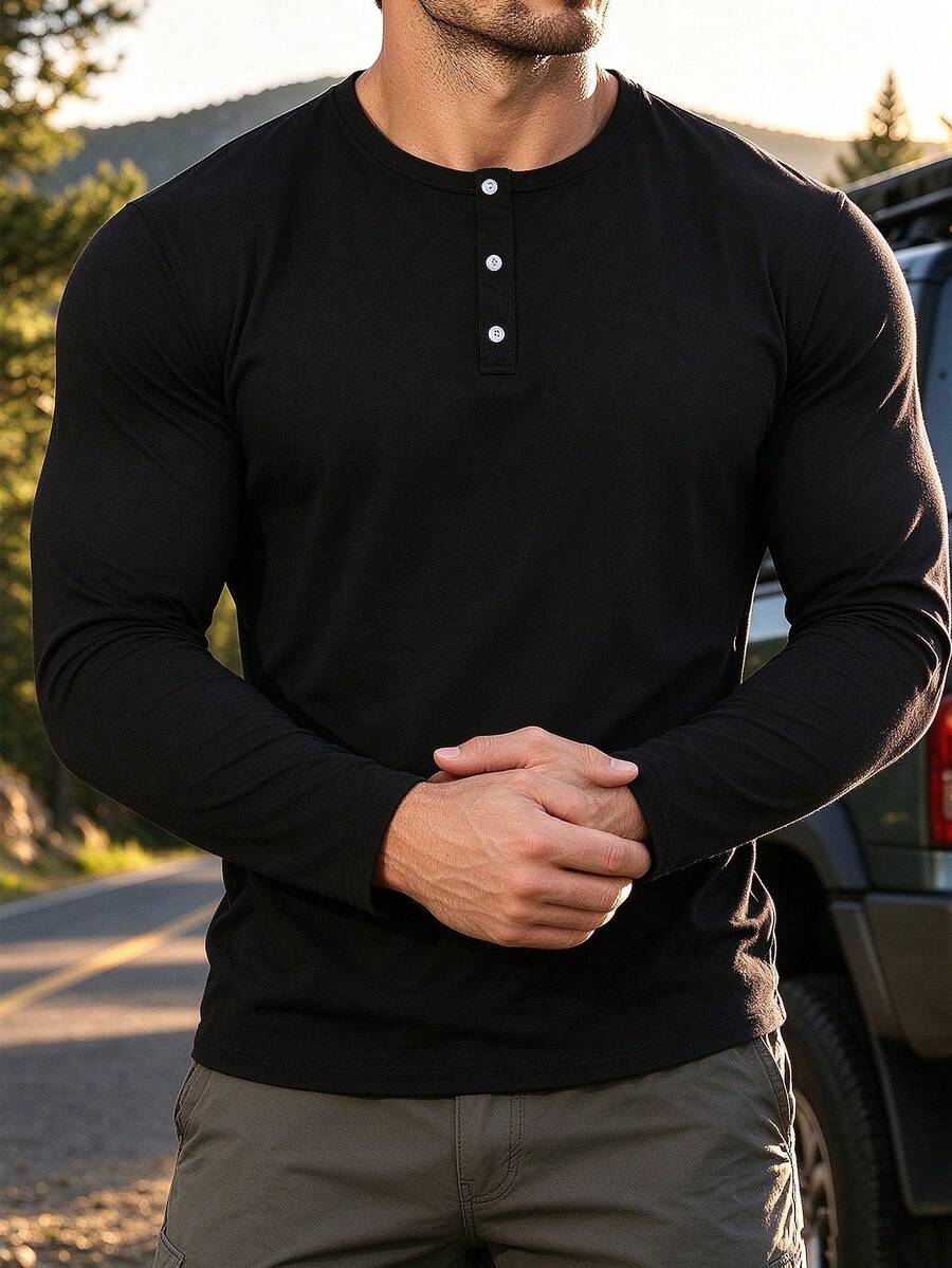 Men's Black Long Sleeve Casual Henley Neck T-Shirt, Daily Commute Undershirt - Black - View 1
